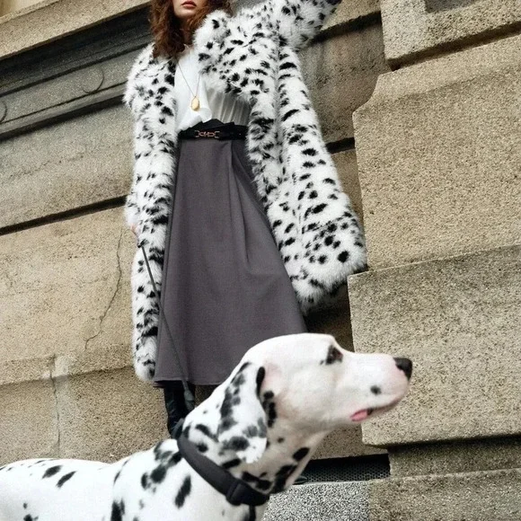 White Casual Women's Faux Fur Collar Mid-Long Leopard Print Fluffy Warm Coat - Picture 2 of 4